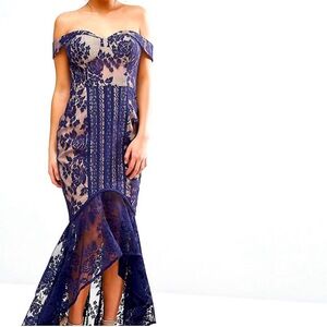 Off-Shoulder Navy Lace Mermaid Dress